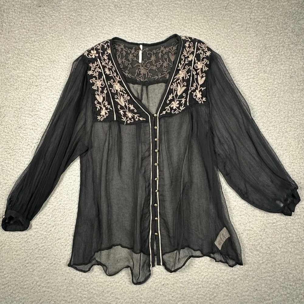 Free People Piped Dreams Blouse Women's S Black Sheer Embroidered Boho Gothic